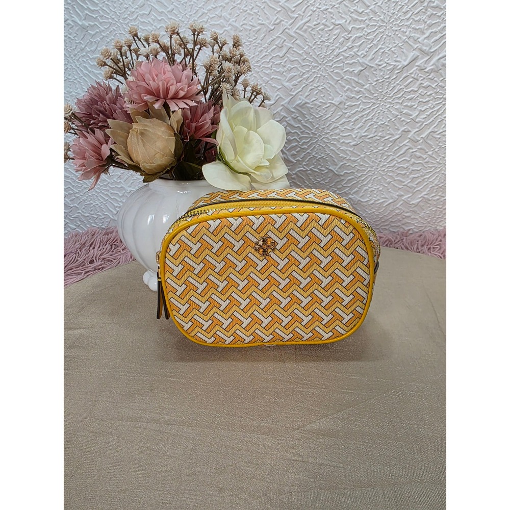 Tory Burch Tile T Zag Cosmetic Case Women Small Yellow Good Travel Pouch Bag